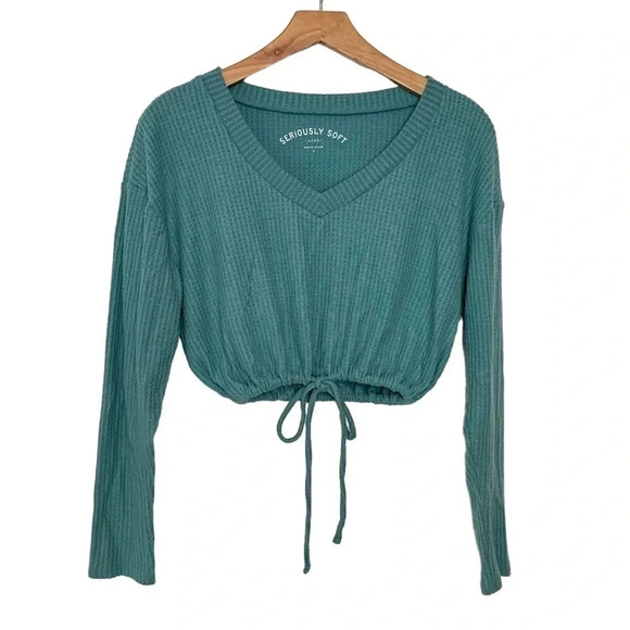 Aero S teal cropped‎ v-neck waffle knit long sleeve top - Picture 1 of 5